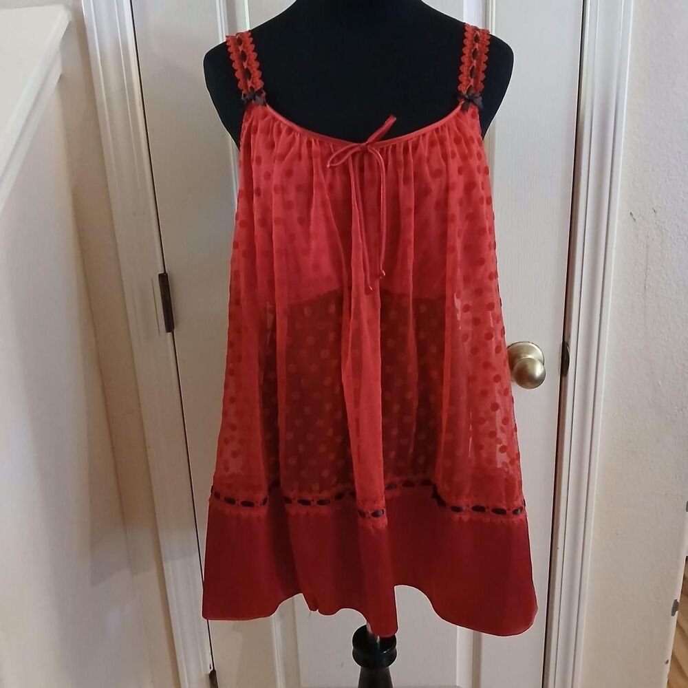 Red Swiss Dot Babydoll Slip Dress Black Satin Ribbon Bow Accents XL Whimsygoth